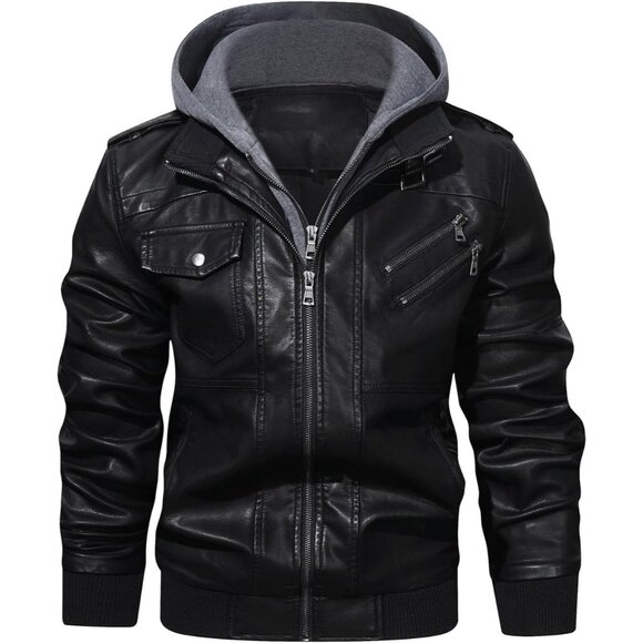 Men’s Black Stand Collar PU Faux Leather Bomber Jacket With a Removable Hood - Picture 1 of 7